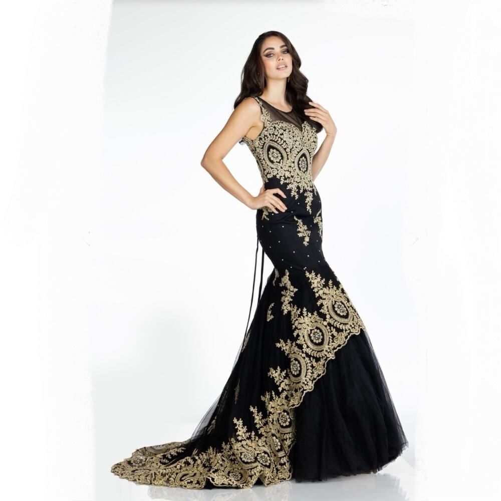 NWT Abby Paris Lucci Lu Black Gold Tulle Mermaid Crystal Embellished Gown‎ 10
